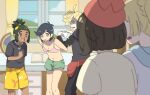  2girls 3boys :d ahoge beanie black_shirt blonde_hair book bra brown_hair caught commentary_request crossdressing curtains danshi_koukousei_no_nichijou dark-skinned_male dark_skin desk elio_(pokemon) floral_print gladion_(pokemon) green_hair green_shorts hat hau_(pokemon) highres holding holding_clothes holding_underwear hood hoodie indoors knees lillie_(pokemon) multiple_boys multiple_girls navel open_mouth pants parody pokemon pokemon_(game) pokemon_sm sapphire_yue scene_reference selene_(pokemon) shaded_face shirt short_hair short_ponytail shorts smile standing teeth tongue underwear upper_teeth walk-in window yellow_shorts 