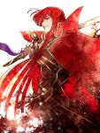  1girl cape cowboy_shot fate/grand_order fate_(series) hair_over_one_eye holding holding_weapon kazuki-mendou looking_at_viewer medallion oda_nobunaga_(fate) oda_nobunaga_(maou_avenger)_(fate) red_cape red_eyes red_hair solo sword weapon white_background 