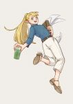  1girl :d blonde_hair blue_shirt book brown_footwear casual contemporary cream cup disposable_cup drink dungeon_meshi eahsu1994 elf floating_hair from_behind full_body green_eyes highres holding holding_book holding_cup jumping long_hair long_sleeves looking_at_viewer looking_back marcille_donato outstretched_arm pants paper pointy_ears ponytail sandals shirt shoe_soles simple_background smile solo white_pants 