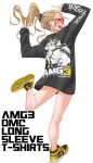  1girl arms_up black_shirt blonde_hair blush closed_eyes commentary_request dekomegane double_v floating_hair full_body glasses highres long_shirt open_mouth original ponytail red-framed_eyewear sasetsu shirt shoes simple_background smile sneakers solo standing standing_on_one_leg v white_background yellow_nails 