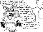 1-bit 4:3 anthro black_and_white black_border border canid canine clothing english_text female fox implied_pregnancy mammal monochrome pepper_(sketchytoasty) pregnant sketch sketchytoasty speech_bubble talking_to_another talking_to_partner text