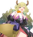  1girl animal_print black_kimono breasts brown_horns butterfly_print cleavage dragon_girl dragon_horns food fruit gradient_hair green_eyes green_hair highres horns huge_breasts japanese_clothes karatakewari kimono kobayashi-san_chi_no_maidragon long_hair looking_at_viewer lucoa_(maidragon) mandarin_orange multicolored_hair new_year one_eye_closed open_mouth oppai_mochi print_kimono simple_background solo white_background 