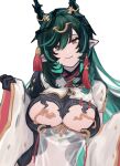  1girl absurdres black_gloves black_hair breast_cutout breasts cleavage cleavage_cutout clothing_cutout colored_inner_hair detached_sleeves dragon_girl dragon_horns draph dress gloves gradient_hair granblue_fantasy green_eyes green_hair hair_ornament highres horn_ornament horns inoryyy000 large_breasts leotard long_hair looking_at_viewer mole mole_under_mouth multicolored_eyes multicolored_hair navel_cutout payila_(granblue_fantasy) pelvic_curtain pointy_ears red_eyes see-through see-through_dress solo stomach_cutout tassel tassel_hair_ornament two-tone_eyes two-tone_hair very_long_hair white_background 