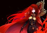  1girl absurdres black_background black_bodysuit bodysuit cape chain closed_mouth collared_cape cowboy_shot family_crest fate/grand_order fate_(series) hair_over_one_eye highres medallion oda_nobunaga_(fate) oda_nobunaga_(maou_avenger)_(fate) oda_uri peppertomo popped_collar red_cape red_eyes red_hair simple_background smile solo standing tight_top 