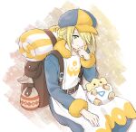  1boy backpack bag bishounen blonde_hair green_eyes hat parted_hair pokemon pokemon_legends:_arceus simple_background smile togepi volo_(pokemon) wanekko_(hanekoro) 