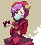  1girl ankea_(a-ramo-do) black_gloves character_name chewing_gum courtney_(pokemon) cowlick dress fake_horns gloves hood hooded_vest hoodie horned_headwear horned_hood horns long_sleeves pokemon pokemon_oras purple_eyes purple_hair red_dress red_gloves red_hood ribbed_dress short_dress short_hair solo swept_bangs team_magma team_magma_uniform turtleneck_dress two-tone_gloves vest 