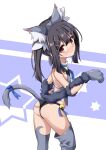  1girl animal_ear_fluff animal_ear_headwear animal_ears animal_hands ass bare_shoulders bell black_hair blush breasts brown_eyes cat_ears cat_paws cat_tail closed_mouth fake_animal_ears fake_tail fate/kaleid_liner_prisma_illya fate_(series) gloves grey_gloves grey_thighhighs grey_vest hair_between_eyes hair_ornament hairclip highres jingle_bell looking_at_viewer miyu_edelfelt miyu_edelfelt_(beast_style) morokoshi_(tekku) paw_gloves purple_background ribbon small_breasts solo star_(symbol) tail tail_ornament tail_ribbon thighhighs thighs vest 