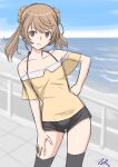  1girl alternate_costume bare_shoulders black_legwear black_shorts blouse blue_sky blurry brown_eyes cloud collarbone commentary_request day depth_of_field double_bun hand_on_hip highres horizon kantai_collection leaning_to_the_side light_brown_hair looking_at_viewer michishio_(kancolle) ocean off_shoulder outdoors short_shorts short_twintails shorts sketch sky solo t2r thighhighs twintails yellow_blouse 