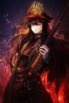  1girl belt black_coat black_hair closed_mouth coat family_crest fate/grand_order fate_(series) fire gloves gun hat holding holding_gun holding_sword holding_weapon long_hair long_sleeves looking_at_viewer military_hat oda_nobunaga_(fate) oda_uri open_clothes open_coat peaked_cap solo sword torihasiden weapon 