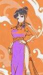  1girl black_hair bracelet breasts capelet chi-chi_(dragon_ball) china_dress chinese_clothes dragon_ball dragon_ball_(classic) dress hair_bun hand_on_own_hip highres jewelry kanchiyo large_breasts limited_palette long_dress purple_dress purple_eyes sash short_hair side_slit single_hair_bun solo updo 