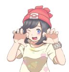  13_(deccho-htm) 1girl absurdres beanie black_hair blue_eyes blush breasts collarbone floral_print hands_up hat highres looking_at_viewer one_eye_closed open_mouth pokemon pokemon_sm red_headwear selene_(pokemon) shirt short_hair simple_background small_breasts solo t-shirt upper_body white_background wide_sleeves yellow_shirt z-ring 