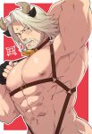  1boy abs alternate_costume animal_ears armpits ass bara bare_pectorals beard bell blush chest_harness chinese_zodiac cid_nan_garlond cow_boy cow_ears cow_horns facial_hair final_fantasy final_fantasy_xiv fingerless_gloves gloves groin happy_new_year harness highres horns large_pectorals leather male_focus mature_male medium_hair muscular muscular_male mustache navel neck_bell new_year nipples pectorals silver_hair skindentation solo stomach sugo6969 suspenders upper_body year_of_the_ox 