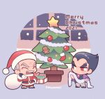  2021 2boys black_eyes black_hair chibi christmas christmas_ornaments christmas_tree closed_eyes facial_hair garland_(decoration) gift grey_facial_hair grey_hair grey_pants hat highres kotorai male_focus merry_christmas mishima_heihachi mishima_kazuya multiple_boys mustache open_mouth pants purple_shirt red_eyes red_headwear sack santa_costume santa_hat scar scar_on_cheek scar_on_face shirt short_hair signature tekken thick_eyebrows v-shaped_eyebrows window 