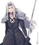  1boy armor black_jacket final_fantasy final_fantasy_vii floating_hair forehead green_eyes grey_hair holding holding_sword holding_weapon jacket kuromiya long_hair male_focus masamune_(ff7) one-hour_drawing_challenge parted_bangs parted_lips pauldrons sephiroth shoulder_armor simple_background solo sword twitter_username very_long_hair weapon white_background 