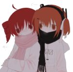  2girls :/ @_@ a.i._voice absurdres adachi_rei ahoge alternate_costume bags_under_eyes black_scarf blush commentary drill_hair embarrassed hair_ornament hair_ribbon hairclip headlamp highres holding_own_arm hood hood_down hooded_jacket jacket kasane_teto long_sleeves looking_at_another multiple_girls one_side_up orange_eyes orange_hair pink_scarf radio_antenna red_eyes red_hair ribbon scarf shino_(4no_0) simple_background staring translation_request twin_drills upper_body utau white_background white_jacket white_ribbon 