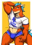 2023 anthro artist_name athletic athletic_male blue_bottomwear blue_clothing blue_hair blue_shorts border bottomwear bulge clothed clothing countershade_scales countershade_torso countershading crop_top dragon english_text eyebrows hair hand_behind_head hi_res horn hotpants male navel open_mouth orange_body orange_scales outside_border red_eyes rook_kawa scales scalie shirt shorts simple_background snout solo tan_body tan_scales text text_on_clothing text_on_shirt text_on_topwear thick_thighs topwear whistle_(object) white_border yellow_background
