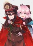  2girls absurdres ahoge arm_guards black_bow black_scarf blonde_hair bow cape family_crest fate/grand_order fate_(series) grin haori hat highres japanese_clothes medallion military_hat multiple_girls oda_nobunaga_(fate) oda_uri okita_souji_(fate) open_mouth opnkmk peaked_cap red_cape red_eyes scarf shinsengumi simple_background smile upper_body white_background yellow_eyes 