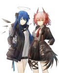  2girls animal_ears arknights bird_ears black_gloves black_halo black_jacket black_shorts black_skirt black_wings blue_hair bright_pupils collared_shirt cowboy_shot demon_horns detached_wings energy_wings fiammetta_(arknights) finger_gun gloves hair_between_eyes halo high-waist_skirt highres horns jacket long_hair looking_at_viewer mostima_(arknights) multiple_girls necktie open_clothes open_jacket orange_eyes red_hair red_necktie shirt shirt_tucked_in short_shorts shorts skirt smile tkarn77 white_gloves white_pupils white_shirt wings 