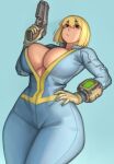  1girl absurdres black_eyes blonde_hair blue_jumpsuit blurry blurry_background bob_cut breasts brown_gloves cleavage closed_mouth dutch_angle english_commentary fallout_(series) fallout_4 from_below gloves gun hand_on_own_hip highres holding holding_gun holding_weapon jumpsuit kelvin_hiu large_breasts long_sleeves looking_at_viewer pip_boy short_hair simple_background solo underboob vault_girl vault_suit weapon 