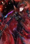  1girl black_bodysuit bodysuit cape chain collared_cape cowboy_shot family_crest fate/grand_order fate_(series) fire hair_over_one_eye highres hiwa04 holding holding_sword holding_weapon katana looking_at_viewer medallion oda_nobunaga_(fate) oda_nobunaga_(maou_avenger)_(fate) oda_uri parted_lips popped_collar red_cape red_eyes red_hair solo sword tight_top weapon 