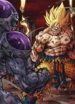  2boys abs alien back bald battle_damage blonde_hair blood blood_on_arm blood_on_chest blood_on_face blue_footwear blue_sash boots collarbone dragon_ball dragon_ball_z dust frieza green_eyes hashagu highres injury large_pectorals lightning looking_at_another male_focus multiple_boys muscular muscular_male obi orange_pants pants parted_lips pectorals purple_blood red_sky sash sky son_goku spiked_hair super_saiyan super_saiyan_1 topless_male torn_clothes veins 