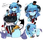  1boy 1girl bare_shoulders bat_wings black_sclera blue_skin breasts colored_sclera colored_skin demon_girl demon_horns demon_tail docu_(doppel) doppel_(bonnypir) frilled_leotard frills heart heart-shaped_pupils highres horns large_breasts leotard looking_at_viewer opalu_(vtuber) open_mouth original puffy_sleeves smile symbol-shaped_pupils tail thick_eyebrows white_background wings 