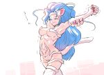 animal_humanoid blue_hair breasts capcom claws darkstalkers eyes_closed felicia_(darkstalkers) felid felid_humanoid feline feline_humanoid female fur hair humanoid inner_ear_fluff light_body light_skin long_hair mammal mammal_humanoid nekoninja_core simple_background solo stretching tail tuft white_body white_fur