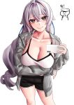  1girl absurdres black_shorts breasts bronya_zaychik captain_(honkai_impact) closed_mouth collarbone commentary_request cowboy_shot drill_hair grey_eyes grey_hair grey_jacket hair_between_eyes highres holding holding_phone honkai_(series) honkai_impact_3rd jacket large_breasts long_hair long_sleeves looking_at_viewer phone pyeong-il_pyeongil shirt shorts simple_background smile translation_request white_background white_shirt 