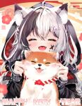  1girl :d ^_^ amane_shiira animal animal_ear_fluff animal_ears black_hair black_jacket blush cat_ears cat_girl cheek_pinching cheek_pull closed_eyes dog facing_viewer fangs happy_new_year headphones headphones_around_neck highres hood hood_up hooded_jacket indie_virtual_youtuber jacket kouhaku_nawa long_hair long_sleeves multicolored_hair open_mouth paid_reward_available pinching rope shiba_inu shiira_(nya_rl) shimenawa smile tongue tongue_out two-tone_hair virtual_youtuber white_hair 