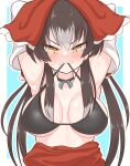  1girl annoyed armpits arms_up bikini bikini_top_only black_bikini black_choker blush bow bow_choker breasts brown_hair choker cookie_(touhou) detached_sleeves grey_hair hair_bow hair_tubes hakurei_reimu highres large_breasts long_hair looking_down mouth_hold multicolored_hair red_bow rnt_(251139) solo sweat swimsuit teeth_hold touhou two-tone_hair upper_body v-shaped_eyebrows yellow_eyes yuyusu_(cookie) 