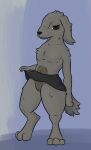 anthro bottomwear breastless brick_(artist) canid canine clothed clothing clothing_lift farsul_(the_nature_of_predators) female fur genitals grey_body grey_fur hi_res looking_at_viewer mammal pussy skirt skirt_lift solo the_nature_of_predators thick_thighs