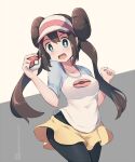  1girl :d black_pantyhose blue_eyes breasts brown_background brown_hair collarbone double_bun grey_background hair_bun holding holding_poke_ball kuromiya long_hair looking_at_viewer medium_breasts one-hour_drawing_challenge pantyhose pleated_skirt poke_ball poke_ball_(basic) pokemon pokemon_bw2 rosa_(pokemon) shirt short_sleeves skirt smile solo twintails twitter_username two-tone_background very_long_hair visor_cap white_headwear white_shirt yellow_skirt 