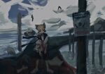  1boy barefoot bird black_eyes blood blood_on_clothes blood_splatter crow disembodied_limb furry furry_male highres implied_death implied_murder itooku looking_at_viewer ocean original red_scarf scarf school_uniform sign warning_sign white_fur wolf_boy 