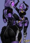  1girl 3finger_hand absurdres alternate_breast_size armored_boots arms_up ass belt boots breasts commission covered_face dancing glowing glowing_eyes highres hood hood_up large_breasts mass_effect mass_effect_(series) opaque_helmet purple_eyes purple_hood purple_sash quarian sash skin_tight solo spunkyramaz tali&#039;zorah thick_thighs thighs wide_hips 