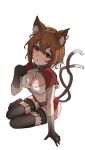  1girl absurdres alternate_costume animal_ear_fluff animal_ear_piercing animal_ears arm_support between_breasts black_gloves black_thighhighs blush breasts brown_hair cat_ears cat_tail chen cleavage commentary_request dot_nose double-parted_bangs earrings elbow_gloves flantia from_above garter_straps gloves hair_between_eyes hand_up highres jewelry medium_breasts multiple_tails navel necktie necktie_between_breasts nekomata no_headwear parted_lips paw_pose red_eyes short_hair shrug_(clothing) simple_background single_earring sitting solo tail thighhighs touhou two_tails white_background yokozuwari 