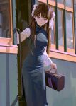  1girl briefcase brown_eyes brown_hair closed_mouth day dress fkey green_dress hair_ribbon highres holding holding_briefcase long_hair long_sleeves looking_at_viewer original outdoors ribbon solo standing train twintails white_ribbon 