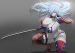  1girl american_flag_bikini american_flag_footwear ass ass_visible_through_thighs aster_crowley asymmetrical_footwear belly bikini black_legwear blue_eyes blurry blurry_background boots bouncing_breasts breasts brown_footwear brown_gloves closed_mouth collar colored_skin cosplay covered_nipples elbow_gloves fate/grand_order fate_(series) fingerless_gloves flag_print floating_hair front-tie_bikini front-tie_top gigantic_breasts gloves grey_background hair_over_one_eye hand_up hataraku_saibou hataraku_saibou_black highres holding holding_sword holding_weapon katana leather leather_boots leather_gloves light light_blue_hair light_particles lips looking_at_viewer miyamoto_musashi_(fate) miyamoto_musashi_(swimsuit_berserker)_(fate) miyamoto_musashi_(swimsuit_berserker)_(fate)_(cosplay) navel open_hand serious shadow shiny shiny_clothes shiny_footwear shrug_(clothing) sidelocks simple_background single_thighhigh skindentation solo squatting string_bikini striped swimsuit sword thick_thighs thigh_boots thigh_strap thighhighs thighs u-1196 vertical-striped_bikini vertical_stripes weapon white_blood_cell_(hataraku_saibou) white_skin 