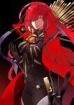  1girl black_background black_bodysuit bodysuit cape chain collared_cape family_crest fate/grand_order fate_(series) hair_over_one_eye highres light_smile long_bangs looking_to_the_side medallion monggu oda_nobunaga_(fate) oda_nobunaga_(maou_avenger)_(fate) oda_uri popped_collar red_cape red_eyes red_hair solo tight_top 
