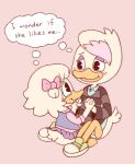 age_difference anatid anseriform anthro avian bird blush bottomless bow_ribbon clothed clothing digital_media_(artwork) disney dress duck ducktales ducktales_(2017) duo eyeshadow female footwear hand_holding hi_res lena_(ducktales) makeup momiji-kun pink_background shoes simple_background sneakers sweater thought_bubble topwear webby_vanderquack