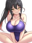  1girl alternate_costume alternate_hairstyle black_hair black_one-piece_swimsuit blush breasts cleavage collarbone competition_swimsuit covered_navel dated highres indian_style kantai_collection large_breasts long_hair looking_at_viewer montemasa multicolored_hair naganami_(kancolle) one-hour_drawing_challenge one-piece_swimsuit pink_hair ponytail purple_one-piece_swimsuit ribbon sitting smile solo swimsuit twitter_username two-tone_hair two-tone_swimsuit yellow_eyes 