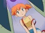  1girl corruption crop_top denim denim_shorts green_eyes hitsugi_mc hypnosis midriff mind_control misty_(pokemon) navel open_mouth orange_hair pokemon pokemon_(anime) shirt short_hair shorts side_ponytail solo suspenders yellow_shirt 