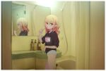  1girl bathroom bathtub black_sweater blush border brushing_teeth commentary eyebrows_visible_through_hair feet_out_of_frame grey_hair hair_down highres indoors long_hair looking_at_viewer makaino_ririmu mirror multicolored_hair nijisanji no_pants panties pink_hair pointy_ears red_eyes reflection sabamen shower_curtain shower_head sink solo sweater toothbrush toothbrush_in_mouth two-tone_hair underwear virtual_youtuber white_border 