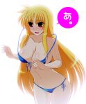  1girl bikini blonde_hair blush breasts cleavage commentary cowboy_shot engo_(aquawatery) fate_testarossa front-tie_bikini_top front-tie_top frown large_breasts leaning_forward long_hair looking_to_the_side lyrical_nanoha motion_blur navel open_mouth red_eyes side-tie_bikini_bottom simple_background solo speech_bubble standing swimsuit translated untied_bikini very_long_hair wardrobe_malfunction white_background 