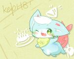 2016 ambiguous_gender anthro birthday blue_eyes blush cake canid canine chibi deaic dessert fish_tail flesh_fang food kemono mammal one_eye_closed open_mouth open_smile semi-anthro smile solo wink