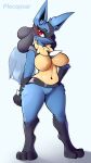 anthro blue_body breasts female fluffy fur generation_4_pokemon hi_res long_ears lucario multicolored_body nintendo pinup plecopsar pokemon pokemon_(species) pose red_eyes shaded solo spikes standing