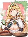  1girl ^_^ bangs bare_shoulders blonde_hair breasts chest_jewel cleavage cleavage_cutout closed_eyes clothing_cutout dress earrings elbow_gloves gloves highres jewelry kurokaze_no_sora large_breasts long_hair mythra_(xenoblade) swept_bangs tiara very_long_hair white_dress white_gloves xenoblade_chronicles_(series) xenoblade_chronicles_2 yellow_eyes 