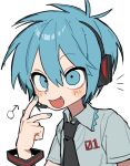  1boy aqua_eyes aqua_hair aqua_nails black_necktie blush fang genderswap genderswap_(ftm) grey_shirt hatsune_mikuo headphones male_focus mars_symbol milk_(milk319319) necktie shirt short_hair simple_background solo vocaloid white_background 