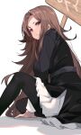  1girl absurdres black_dress black_thighhighs blush breasts brown_eyes brown_hair dress feet_out_of_frame from_side hand_on_floor highres holding holding_sign kage_no_jitsuryokusha_ni_naritakute! knee_up large_breasts long_hair looking_at_viewer looking_to_the_side nu_(kage_no_jitsuryokusha_ni_naritakute!) open_mouth sign simple_background sitting solo teeth thighhighs uniform very_long_hair white_background zelef0302 