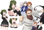  2boys 5girls arm_strap armlet arms_up bare_shoulders beard belt black_belt blue_capelet capelet character_request choker clothing_cutout denken_(sousou_no_frieren) double_bun dress drop_earrings earrings elf facial_hair frieren frilled_capelet frills green_hair grin hair_bun highres holding holding_sign jewelry kanne_(sousou_no_frieren) lawine_(sousou_no_frieren) lekture_(sousou_no_frieren) long_beard momomatang multiple_boys multiple_girls o-ring o-ring_choker parted_bangs pleated_dress pointy_ears purple_eyes richter_(sousou_no_frieren) shaded_face shoulder_cutout side_ponytail sign sitting smile sousou_no_frieren thigh_strap twintails ubel_(sousou_no_frieren) v 