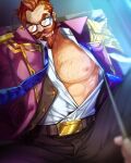  1boy abs alternate_hair_color assisted_exposure bara bare_pectorals beard blue-framed_eyewear brown_pants chest_hair denim facial_hair glasses highres jacket jeans karipaku large_pectorals league_of_legends looking_at_viewer malcolm_graves male_focus mature_male muscular muscular_male nipples official_alternate_costume open_clothes open_jacket open_shirt pants pectorals pov short_hair shoulder_spikes solo_focus spikes spread_legs stomach undressing_another 